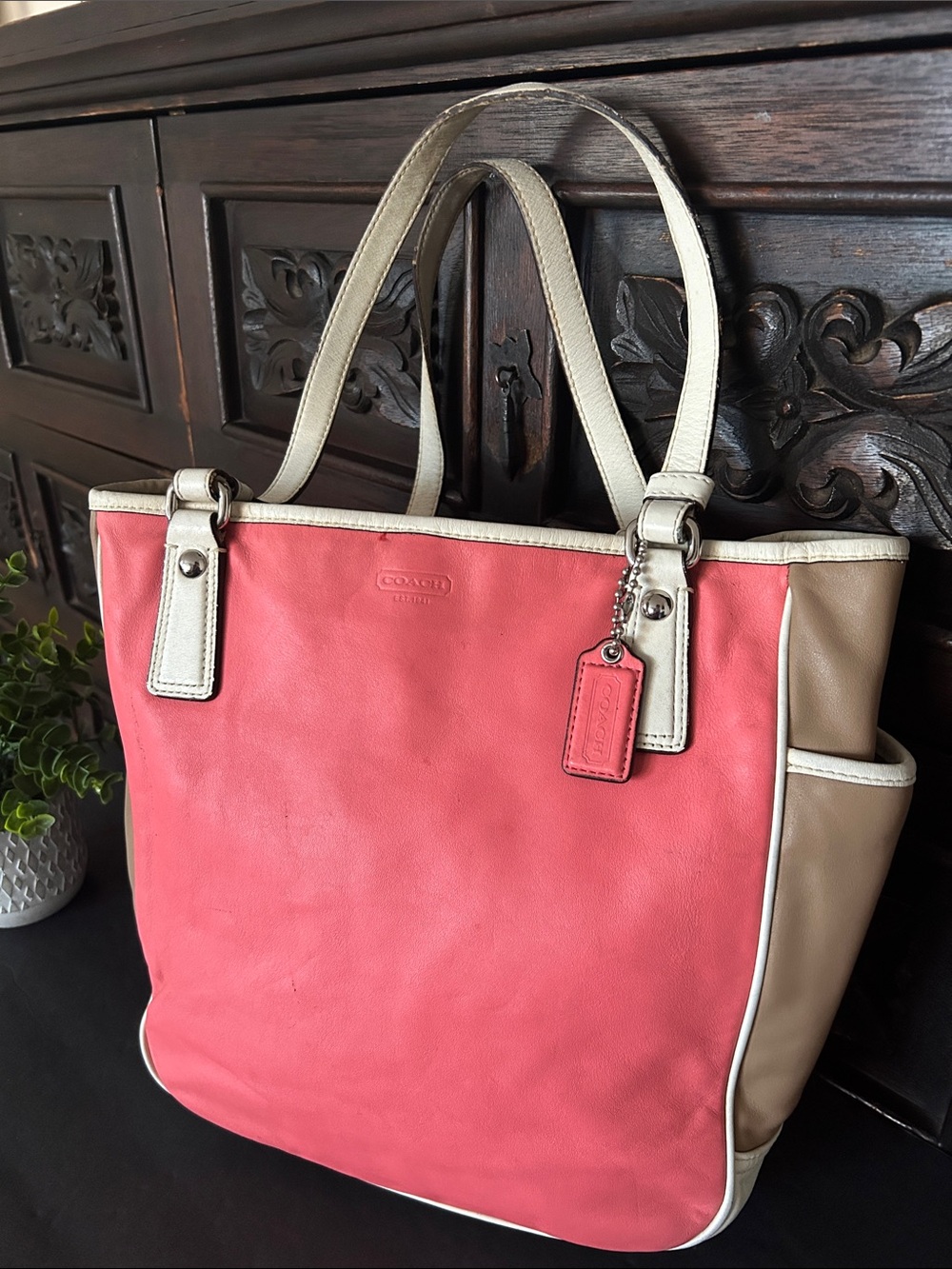 Beautiful Coral Leather Tote with Tan & Cream Trim